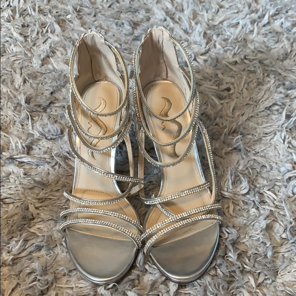 classic sliver and tan high heels